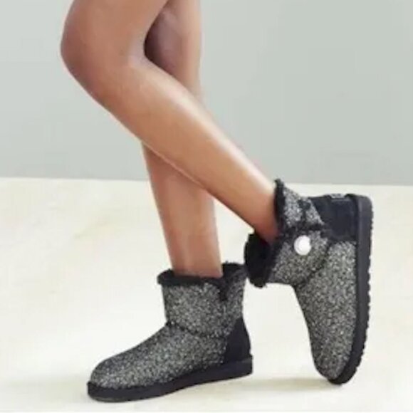 UGG Mini Bailey Button Pearl Gem Tweed Boots in Black and Gold - Picture 2 of 12